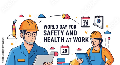 An illustrative vector design commemorates the World Day for Safety and Health at Work, depicting two workers in protective gear holding tablets against a white background with floating