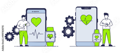 Vector illustration of individuals monitoring health vitals using innovative smartwatch and mobile phone applications.