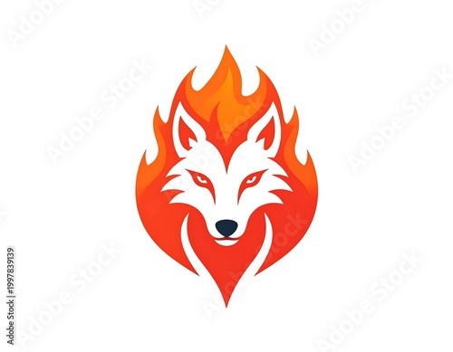 Stylized orange fox head surrounded by vibrant stylized flames on a white background