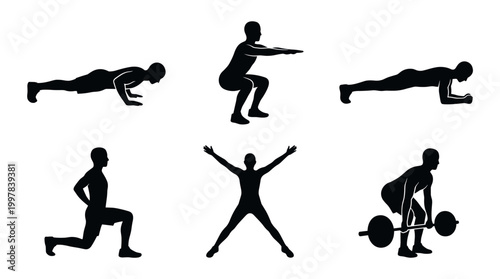 Dynamic fitness exercises for strength training gym illustrations energetic environment side view health concepts