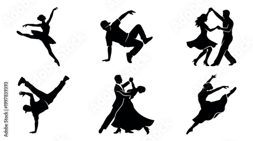 Dynamic dance performances showcasing various styles artistic studio graphic illustrations creative environment