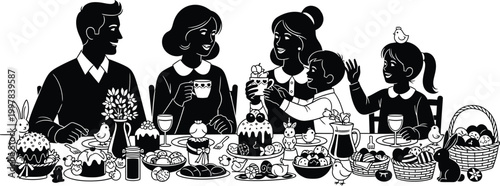 Family Celebrating Easter Holiday at Dining Table Silhouette