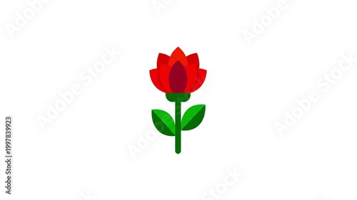 A stylized red flower with green leaves and stem on a white background.