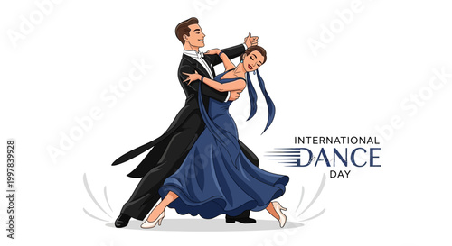 Elegant vector illustration celebrating International Dance Day, depicting a graceful couple in ballroom attire performing a stylized dance movement with artistic flair against a clean