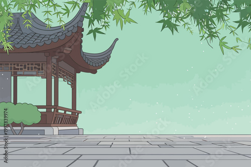 Traditional Chinese building sits among green trees under a clear sky at daytime with soft winds blowing through the area