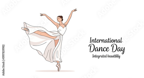 A stylized vector illustration of a graceful ballerina in a flowing white dress performing a ballet pose to celebrate International Dance Day, set against a clean white background