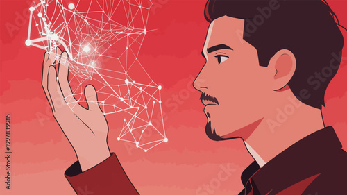 Man holding digital network connections with red background during a creative activity