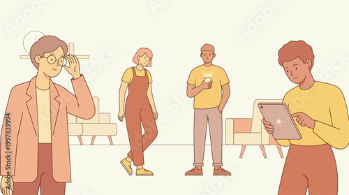 Casual People Four Indoor Warm Golden Tone Using Smartphone Tablet Adjusting Glasses Living Room Lineart Vector Illustration