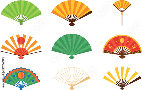 Colorful folding hand fan set with traditional Asian inspired designs in vibrant patterns isolated on light background illustration