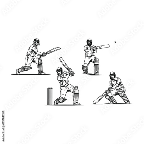 Cricket players in action poses with bats and wickets