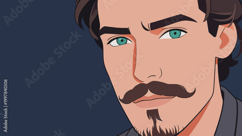 Man with mustache and blue eyes looks directly at the viewer in a simple animated style against a dark background
