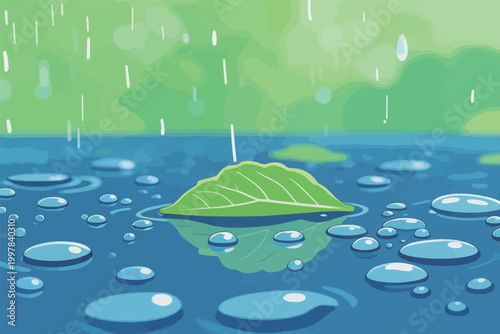 Rain falls on a green leaf floating on the surface of water during a rainy day in nature
