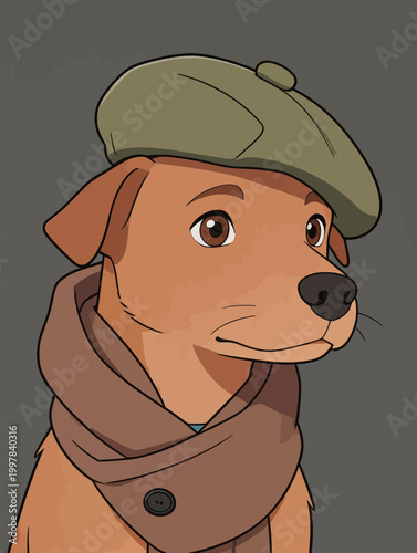Dog wearing a green hat and a brown scarf looks at the viewer in a simple cartoon style setting