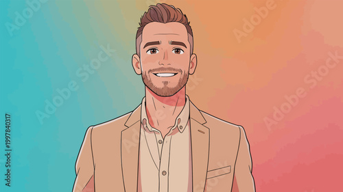 Man in a suit smiles at the viewer in front of a colorful background during a bright day