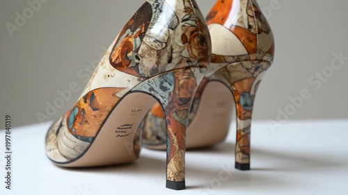 Elegant pair of artistic patterned high-heeled women's pumps with abstract design on a light background