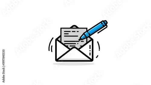 An open envelope with a document and a pen writing on it, symbolizing communication and correspondence.