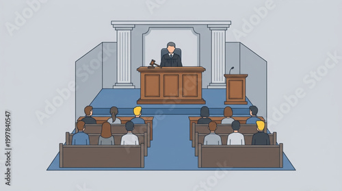 A judge presides over a courtroom with rows of seated people in a formal, illustrative setting