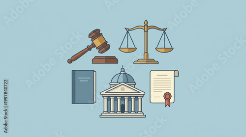 A flat lay illustration of law and justice symbols on a light blue background featuring a courthouse, gavel, scales, law book, and document