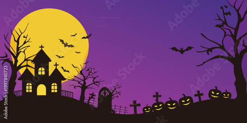 halloween scene with spooky silhouette landscape and full moon