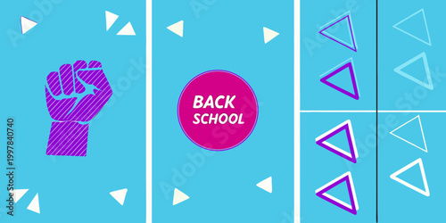 Purple fist holding red circle with text geometric background