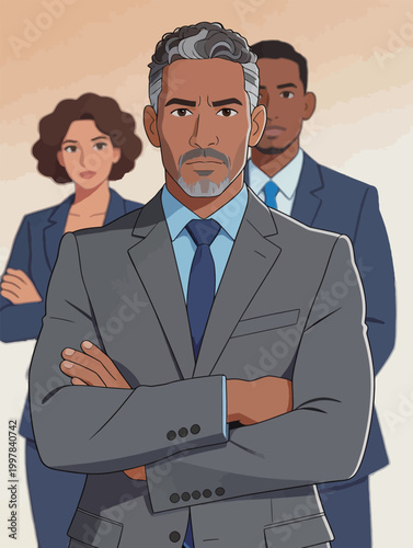 Business professionals stand together with serious looks in a corporate setting during a workday