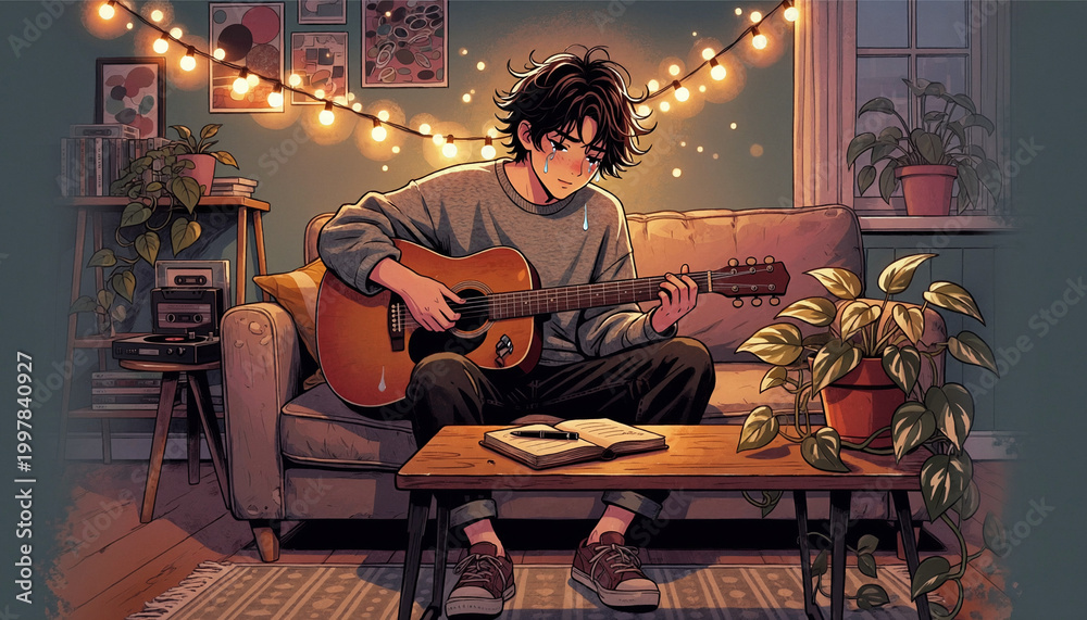 Obraz premium High-Resolution Lofi Crying Boy Playing Acoustic Guitar on Couch - Cozy Room Aesthetic with String Lights, Potted Plants, and Open Journal - Conceptual Illustration for Sad Beats, Breakup Songs