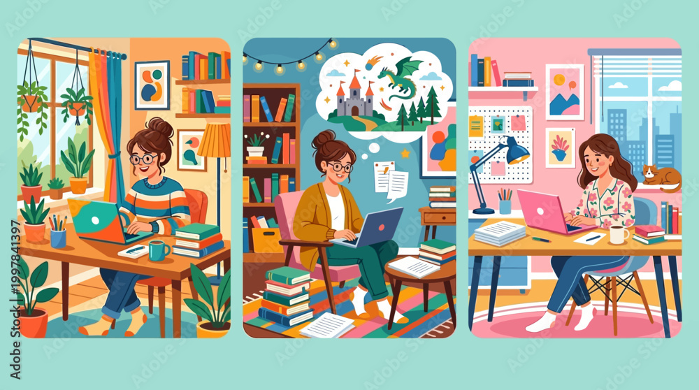 Obraz premium Creative women engage in remote work and imaginative learning from cozy home environments