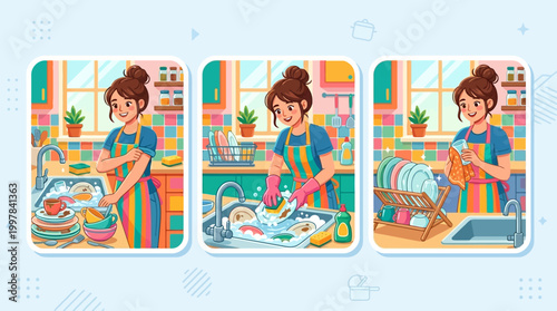 Charming cartoon sequence of a woman completing kitchen chores, illustrating dishwashing and drying.