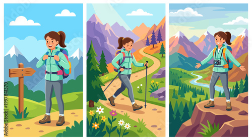 Adventuresome woman hiking through majestic mountain ranges with scenic vistas and clear blue skies