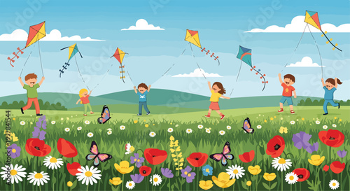 Foto Children flying kites in a field (1)