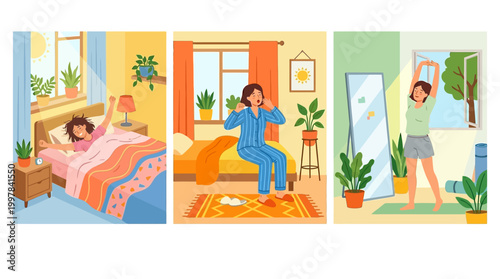 Morning Routine Illustrated Scenes of Waking Up Stretching and Yawning