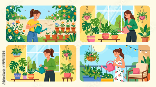 Joyful home gardening scenes featuring women watering diverse potted plants indoors and outdoors
