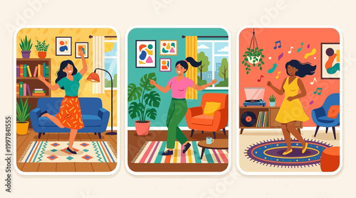 Joyful women dancing and enjoying music in stylish home environments celebrating freedom and