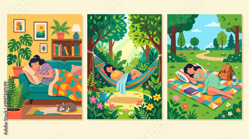Serene moments of repose and relaxation captured in three tranquil scenes of peaceful slumber and