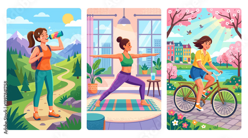 Vibrant illustrations depict women engaged in active healthy lifestyles outdoors and indoors