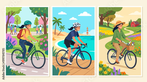 Vibrant outdoor cycling scenes showcasing diverse landscapes and active lifestyles