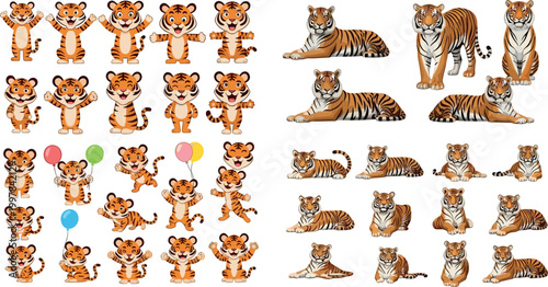 Cute tiger cartoon characters and realistic tiger poses set vector illustration collection wild animal cub mascot and adult big cat pack