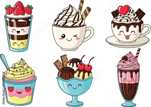 Cute dessert characters set with ice cream, milkshake and coffee, kawaii sweets collection vector illustration for cafe menu design