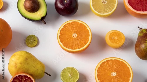 Assortment of fresh citrus fruits, avocado, plums, pears, and an almond on a white background, top view