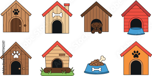 Cute dog house icons set with pet kennel buildings, bowls and paw elements vector illustration for animal care design