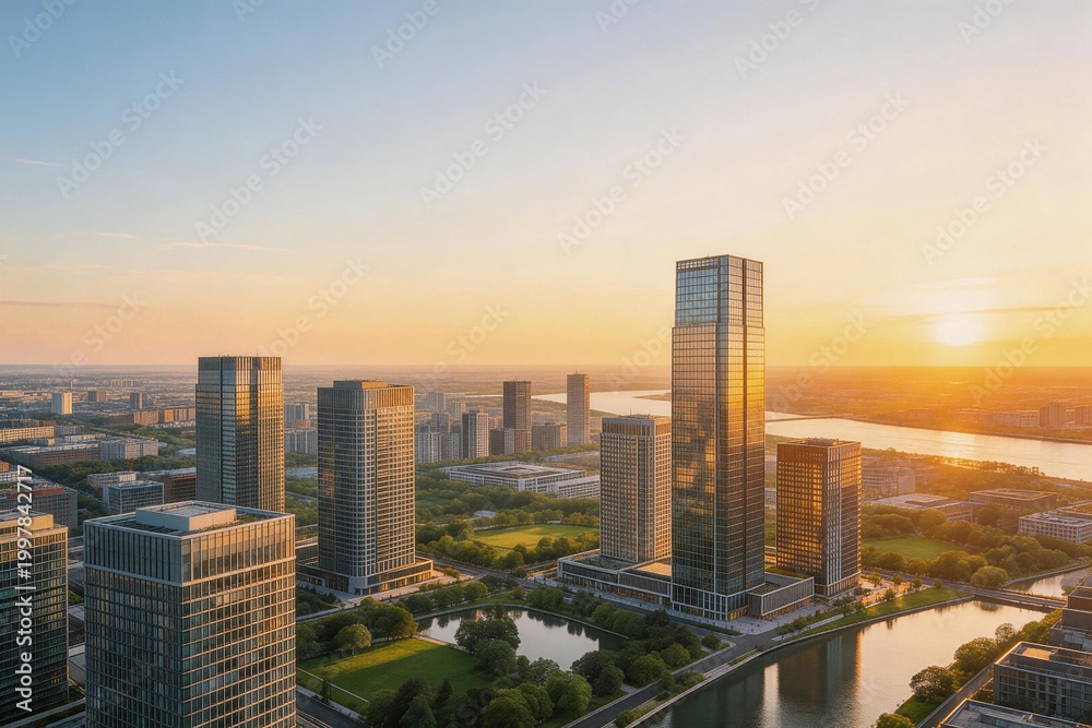 Obraz premium Modern city skyline with skyscrapers and river