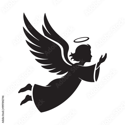 Black silhouette of flying angel with halo reaching arms forward isolated on white.
