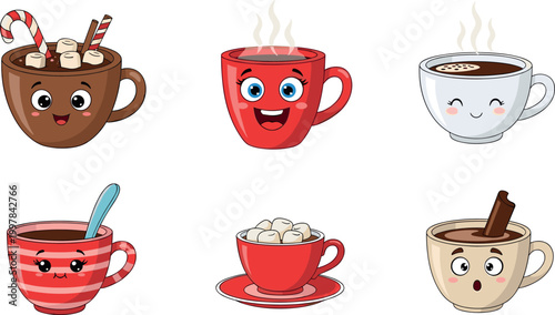 Cute hot chocolate and coffee cup characters set with marshmallows and candy cane, kawaii winter drink mascots vector illustration