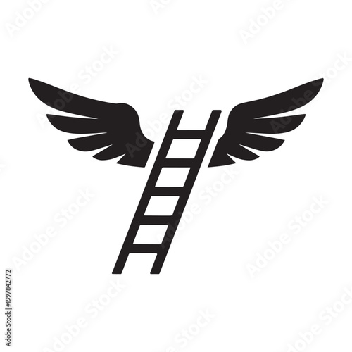 Black silhouette of ladder with wings isolated on white background.