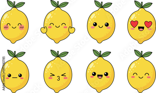 Cute lemon characters set with different expressions, kawaii citrus fruit mascots vector illustration for summer food and drink design