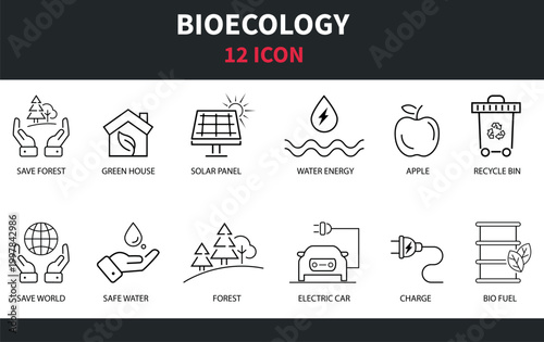 Bio Ecology Line Icons Set – Environmental Protection, Renewable Energy and Sustainability Symbols.