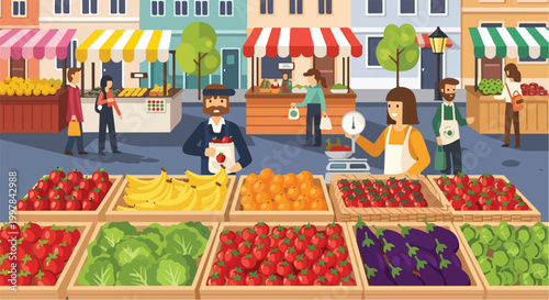 Photos A vibrant outdoor market scene with people shopping for fresh produce