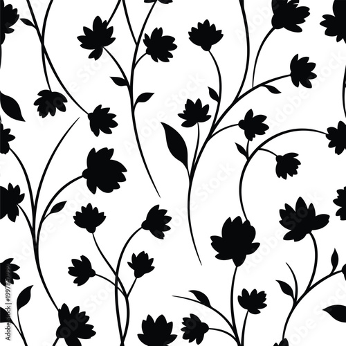 Konstfotografi Black silhouette flowers and branches pattern with white background silhouette b
