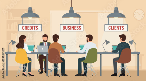 Vector Illustration of a Business Meeting with Credits, Business, and Clients Sections Displayed Above