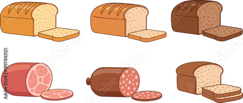 Bread and meat collection with sliced loaves, ham and sausage, bakery and deli food vector illustration set for menu design